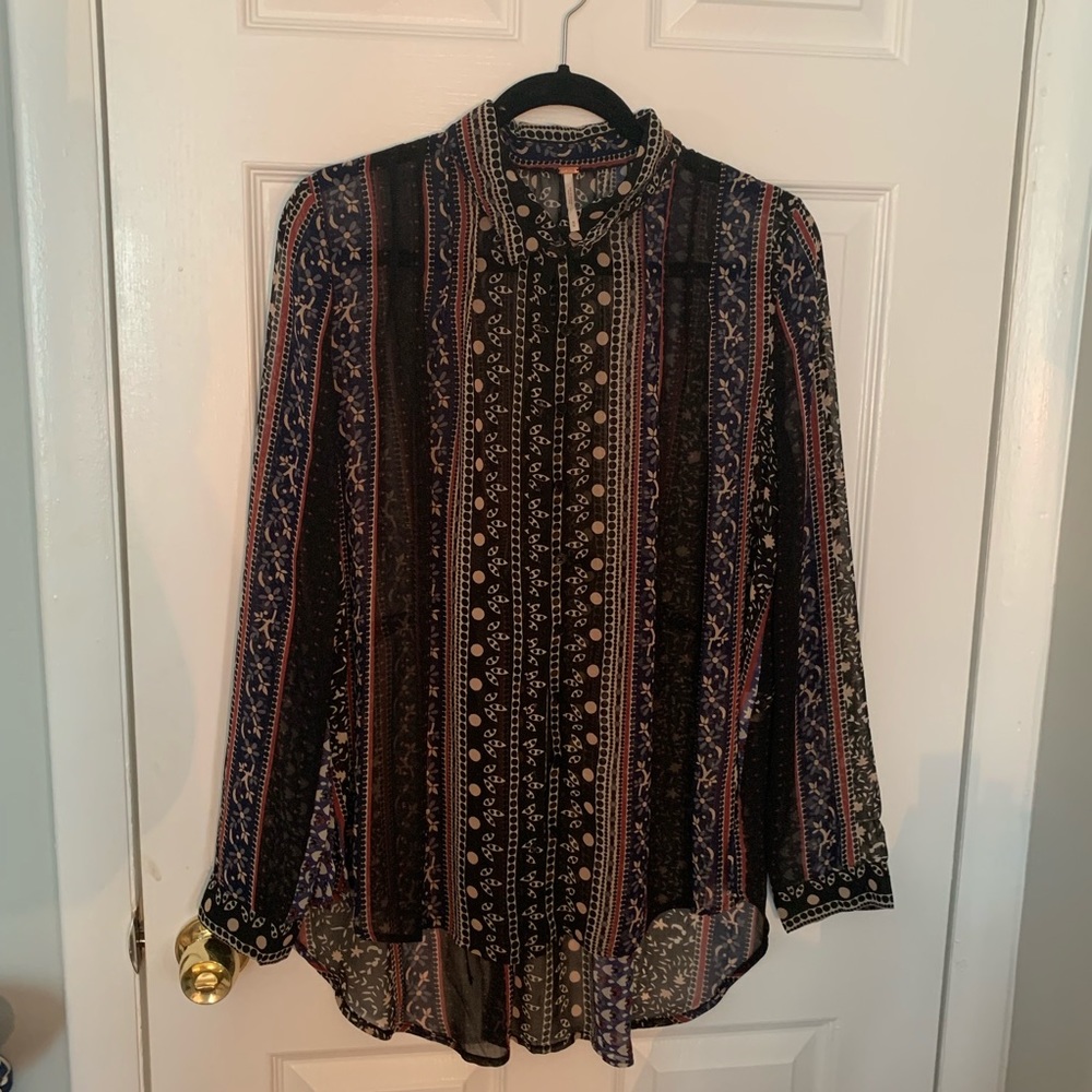 Free People Black multi Print Blouse Medium